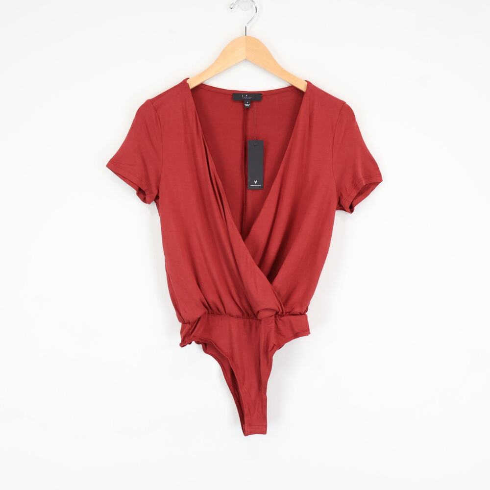 Lulus Faux Wrap Short Sleeve Stretch Jersey Knit Bodysuit Size Small NWT